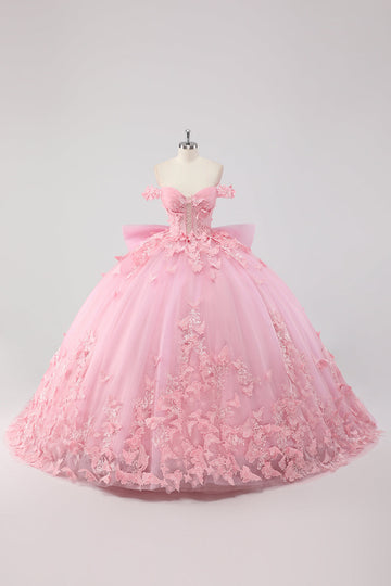 Princesse Blush Robe de bal rose à épaules dénudées en tulle papillon perlé Quinceanera Robe avec nœud